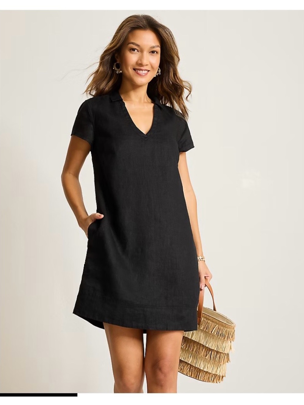 Tommy Bahama Womens Size M Black 100% Linen Lined Polo V-Neck Shift Dress